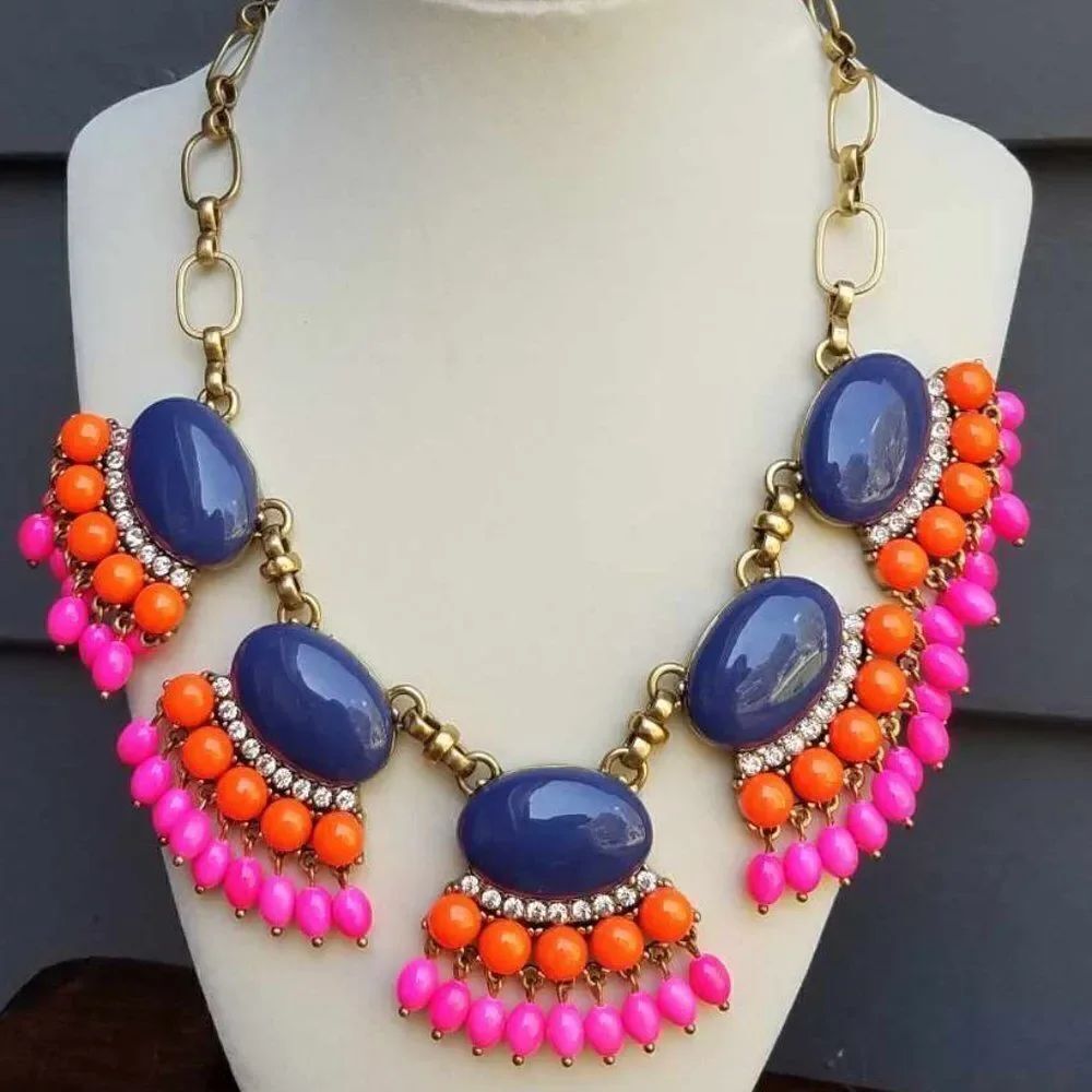 J Crew Navy Pink Orange Bead Statements Necklace with Clear Rhinestones